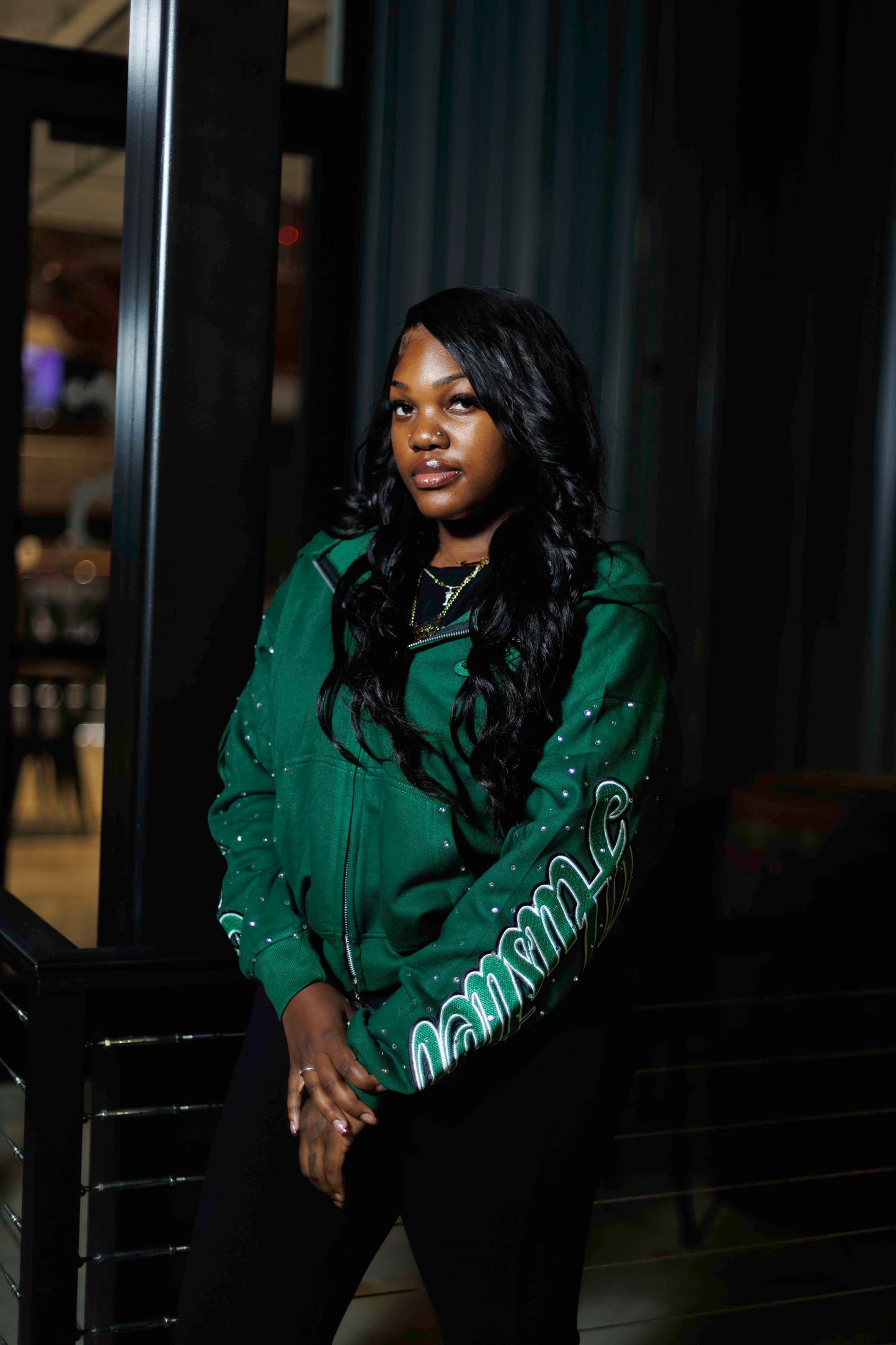DARK GREEN RHINESTONE DOUBLE ZIP HOODIE