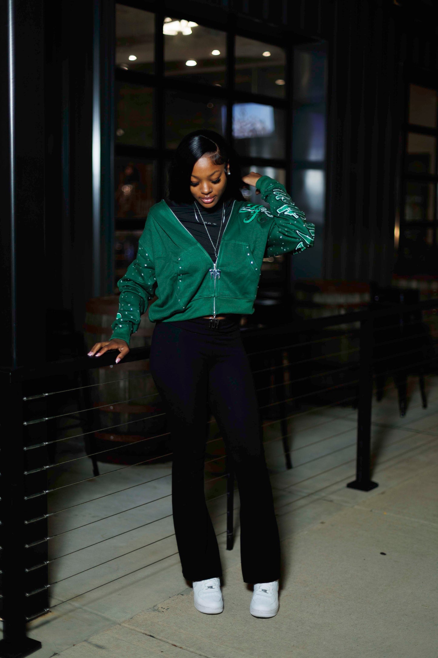 DARK GREEN RHINESTONE DOUBLE ZIP HOODIE