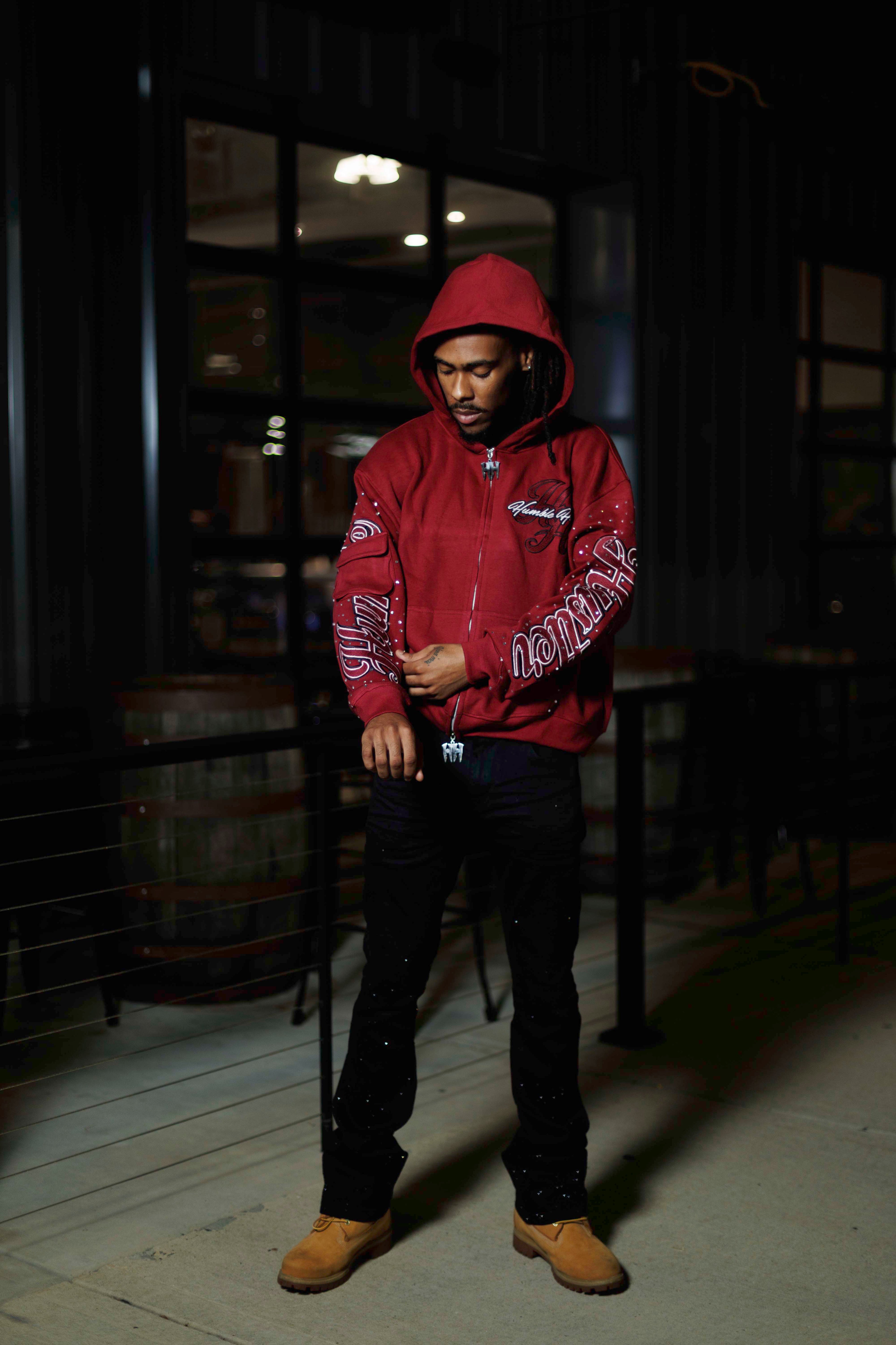 Burgundy RHINESTONE DOUBLE ZIP HOODIE