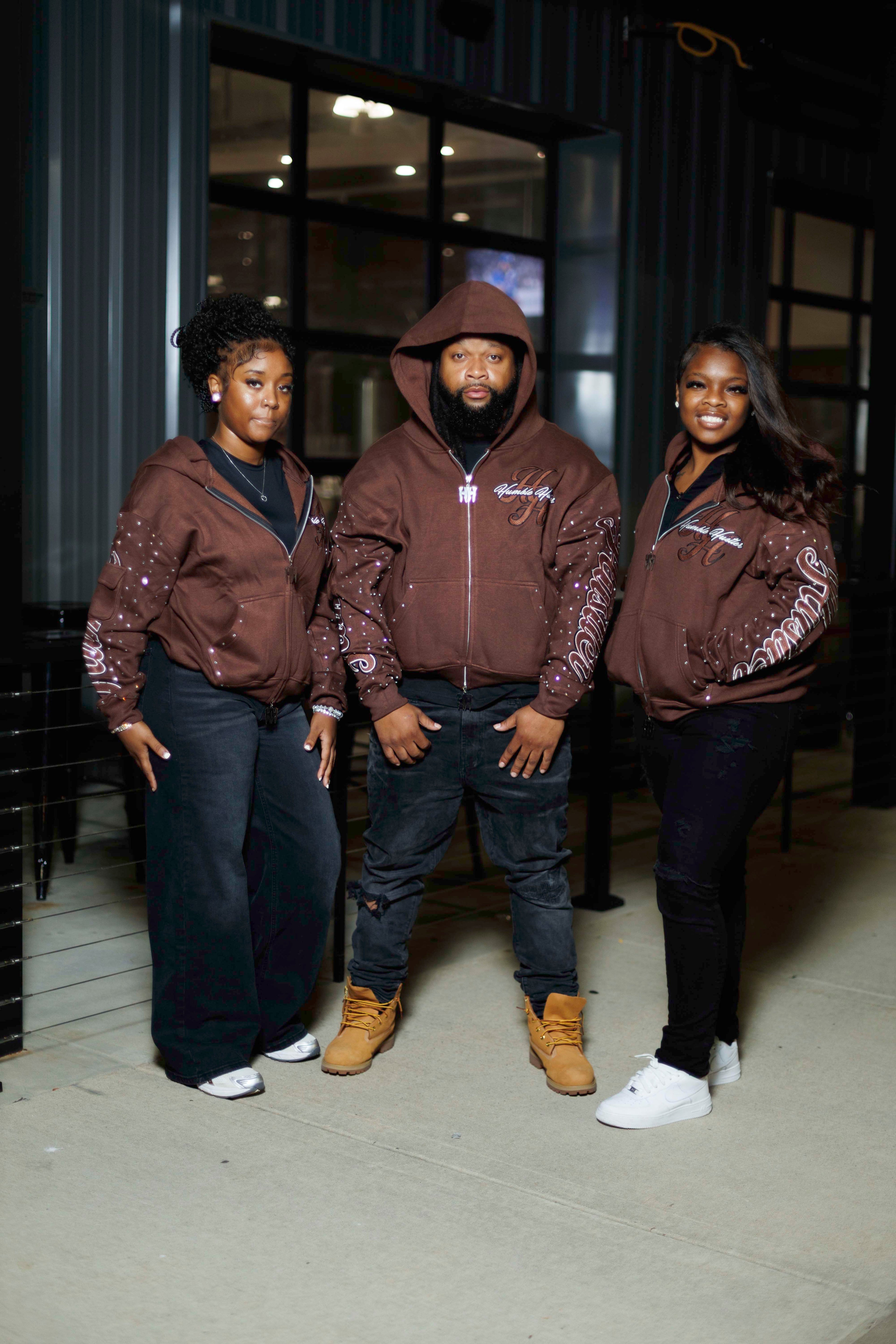 Brown RHINESTONE DOUBLE ZIP HOODIE