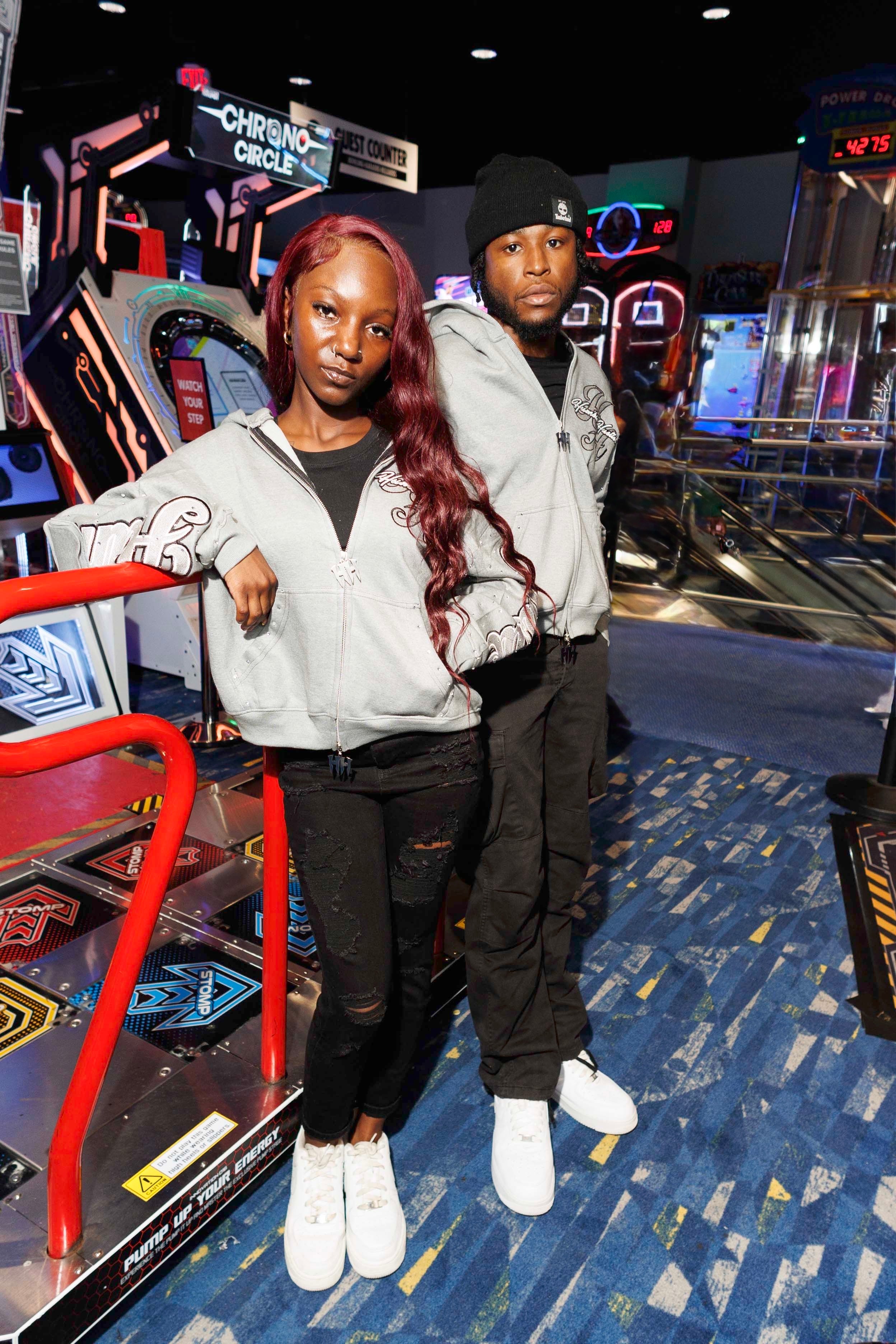 Grey RHINESTONE DOUBLE ZIP HOODIE