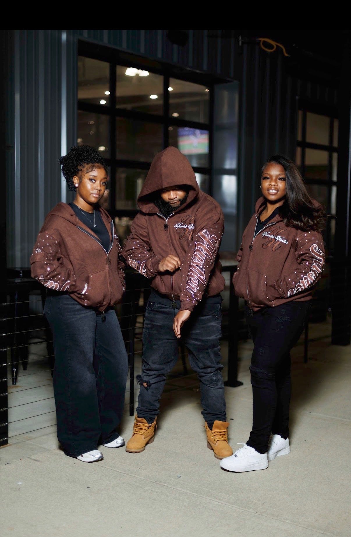 Brown RHINESTONE DOUBLE ZIP HOODIE