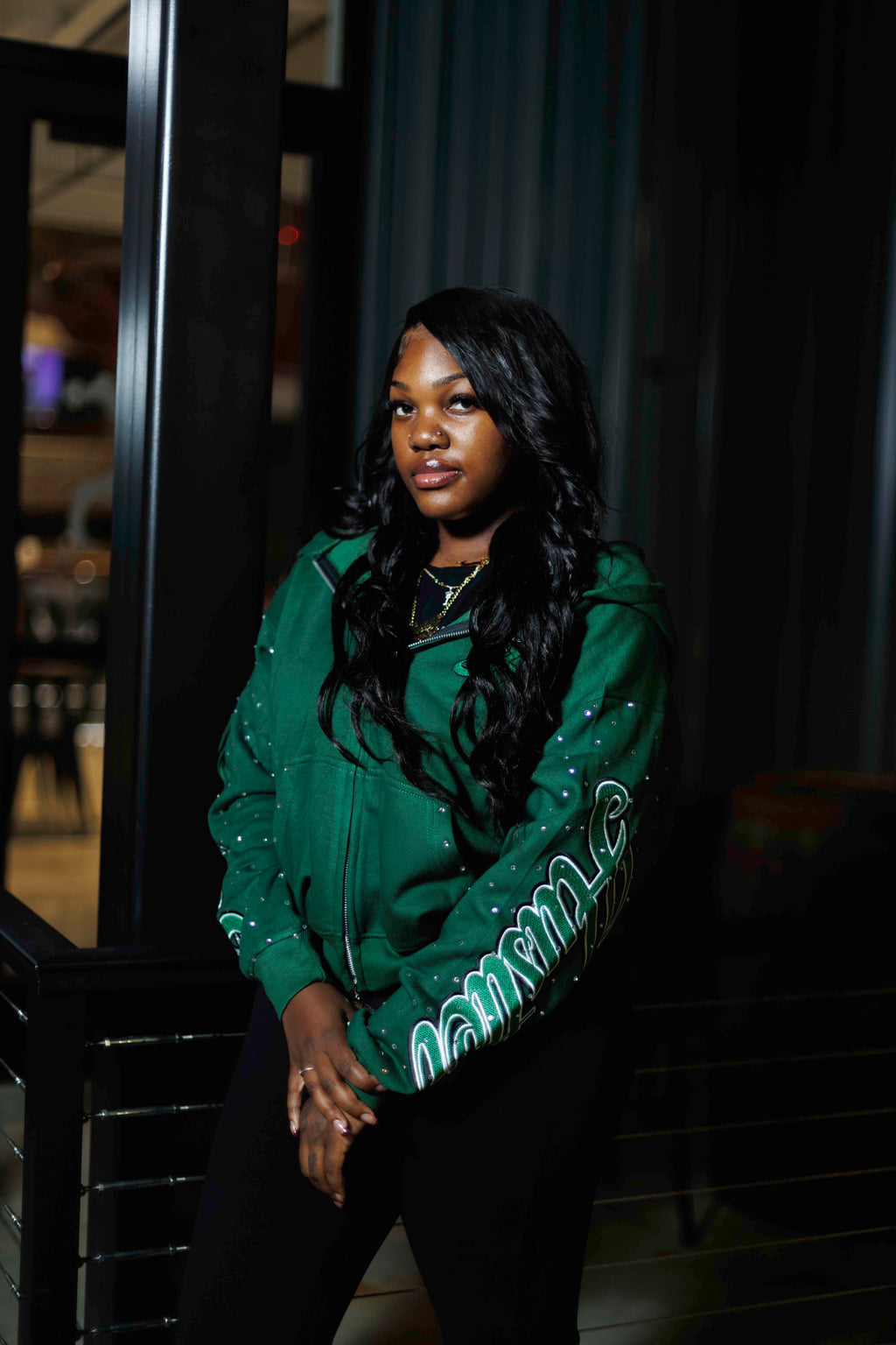 Green RHINESTONE DOUBLE ZIP HOODIE