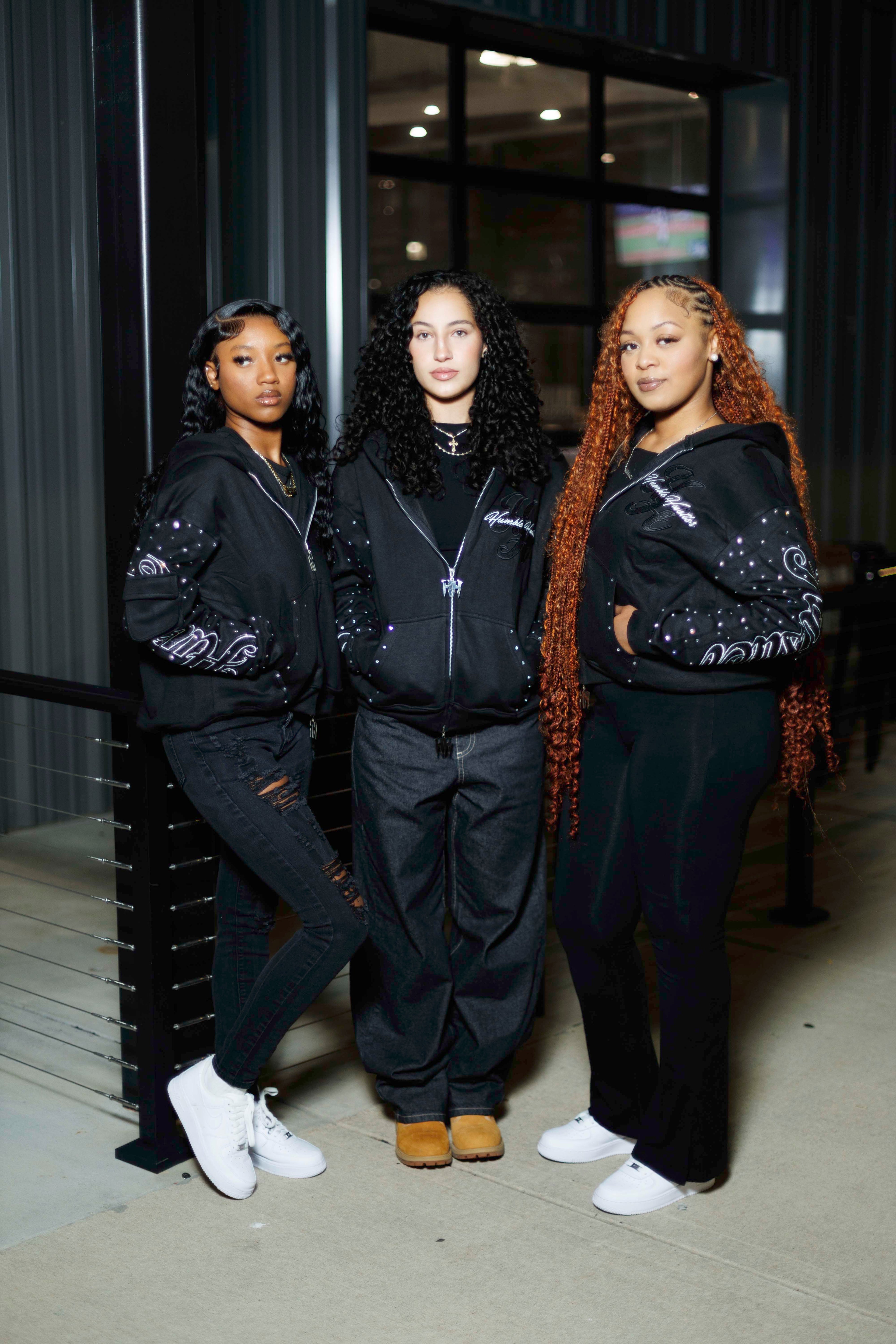 Black RHINESTONE DOUBLE ZIP HOODIE