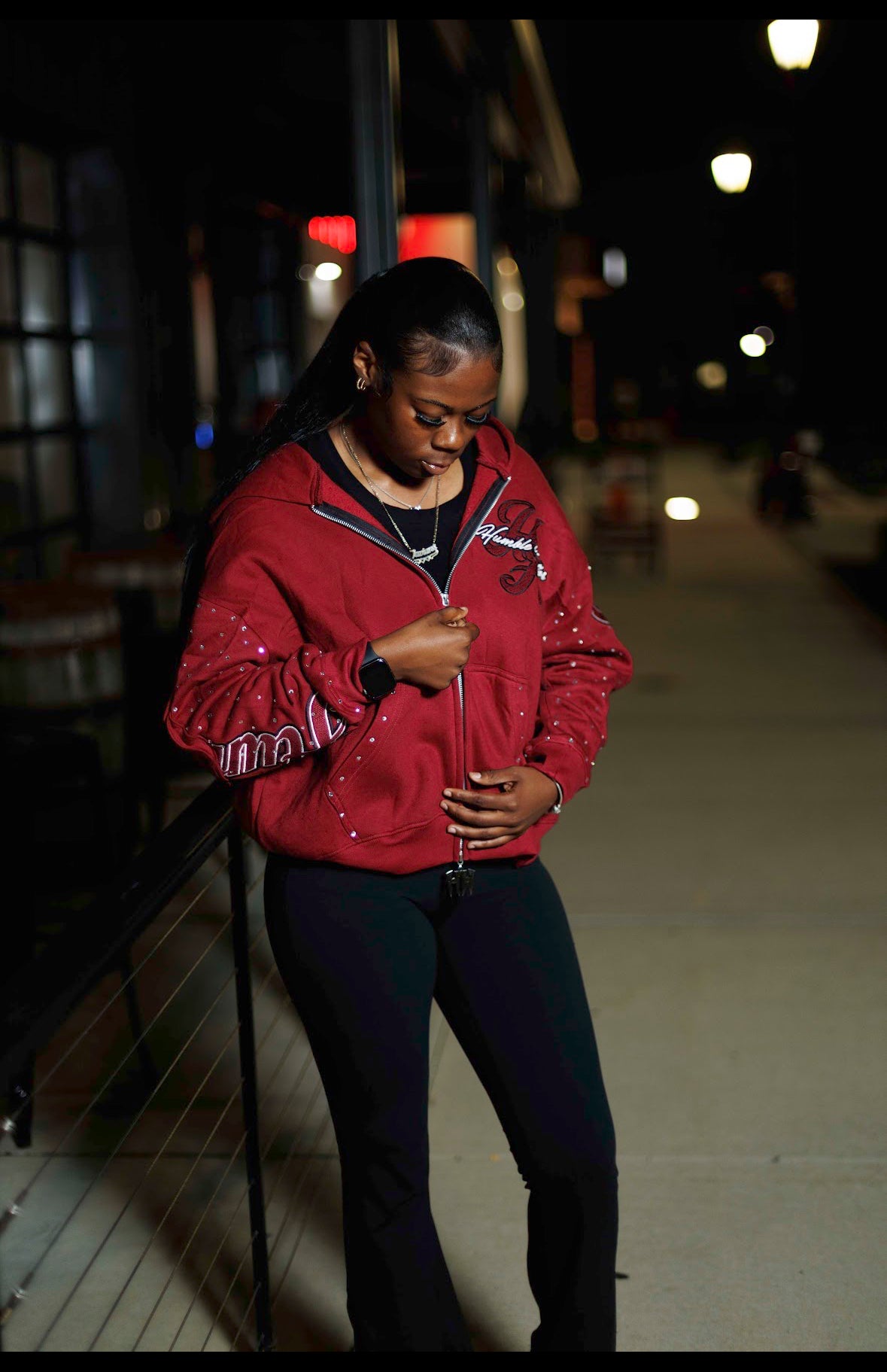 Burgundy RHINESTONE DOUBLE ZIP HOODIE