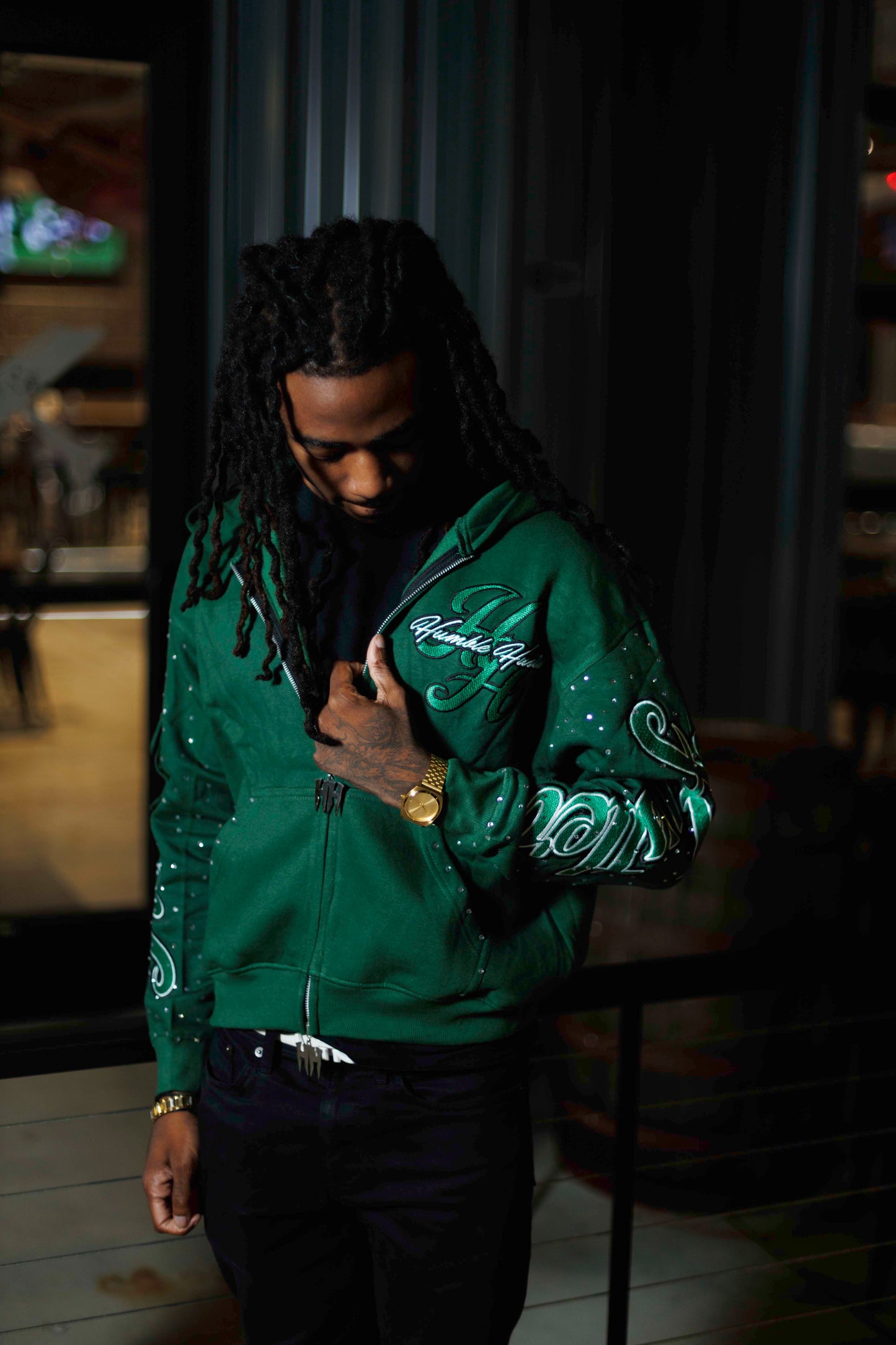 DARK GREEN RHINESTONE DOUBLE ZIP HOODIE