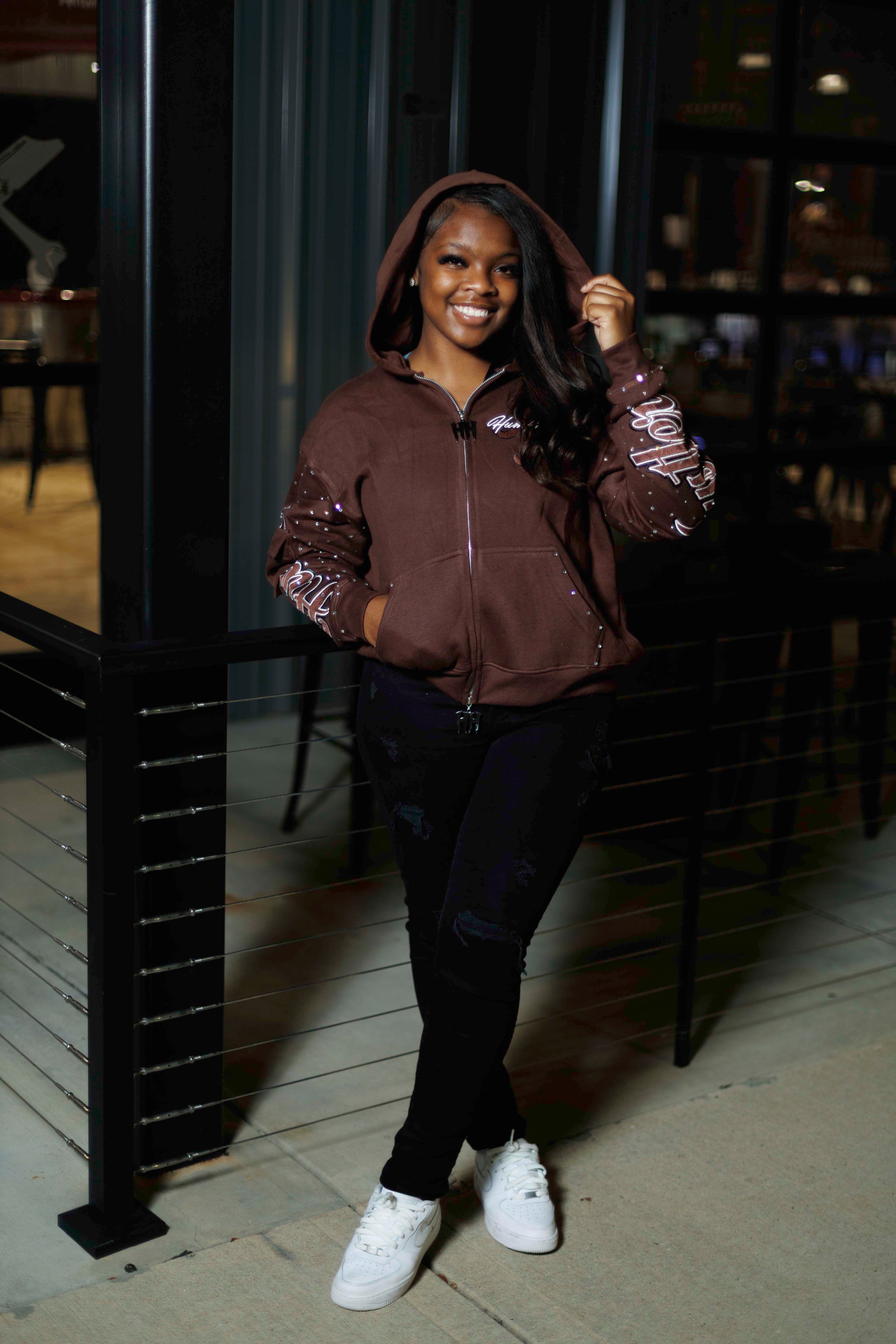 Brown RHINESTONE DOUBLE ZIP HOODIE