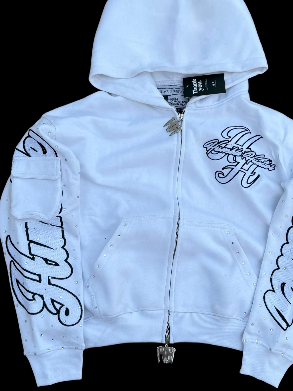 WHITE RHINESTONE DOUBLE ZIP HOODIE