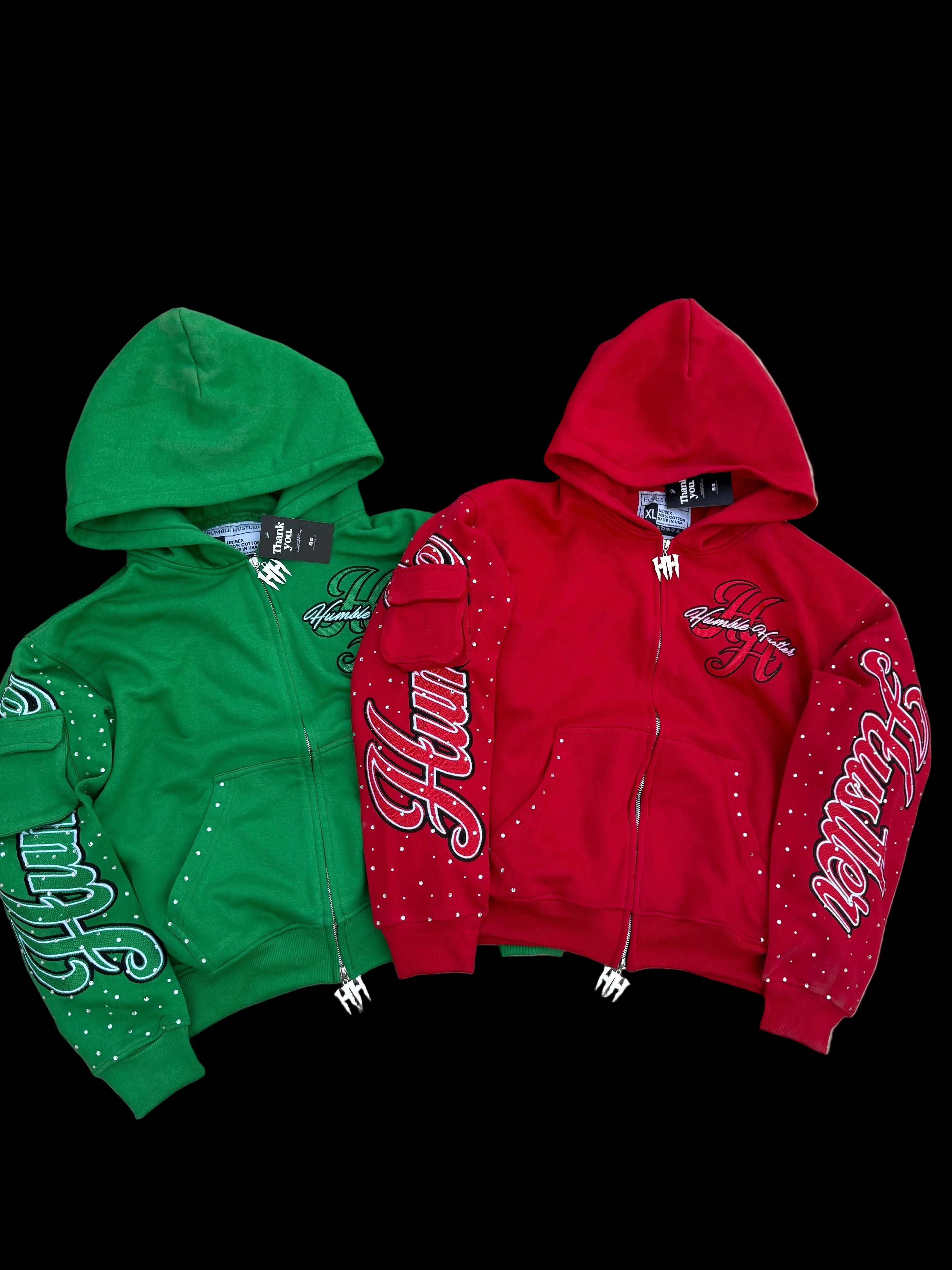 RED & GREEN RHINESTONE DOUBLE ZIP HOODIE