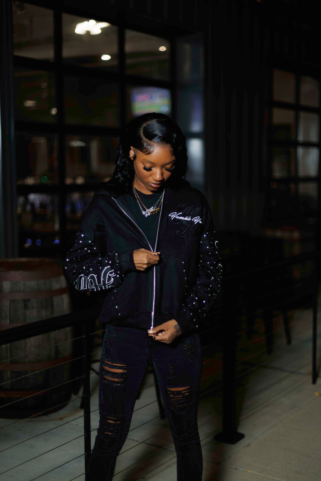 Black RHINESTONE DOUBLE ZIP HOODIE