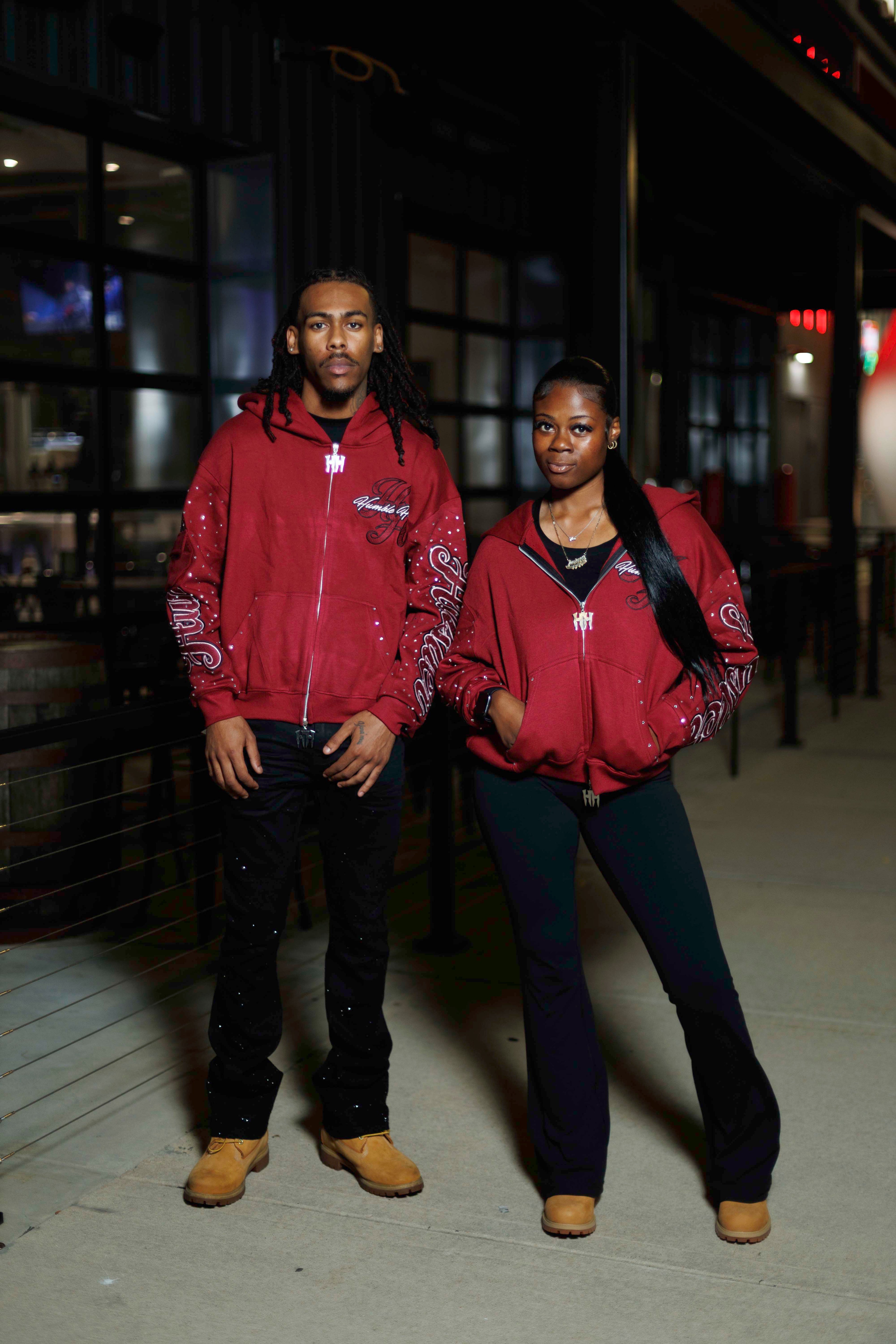 Burgundy RHINESTONE DOUBLE ZIP HOODIE