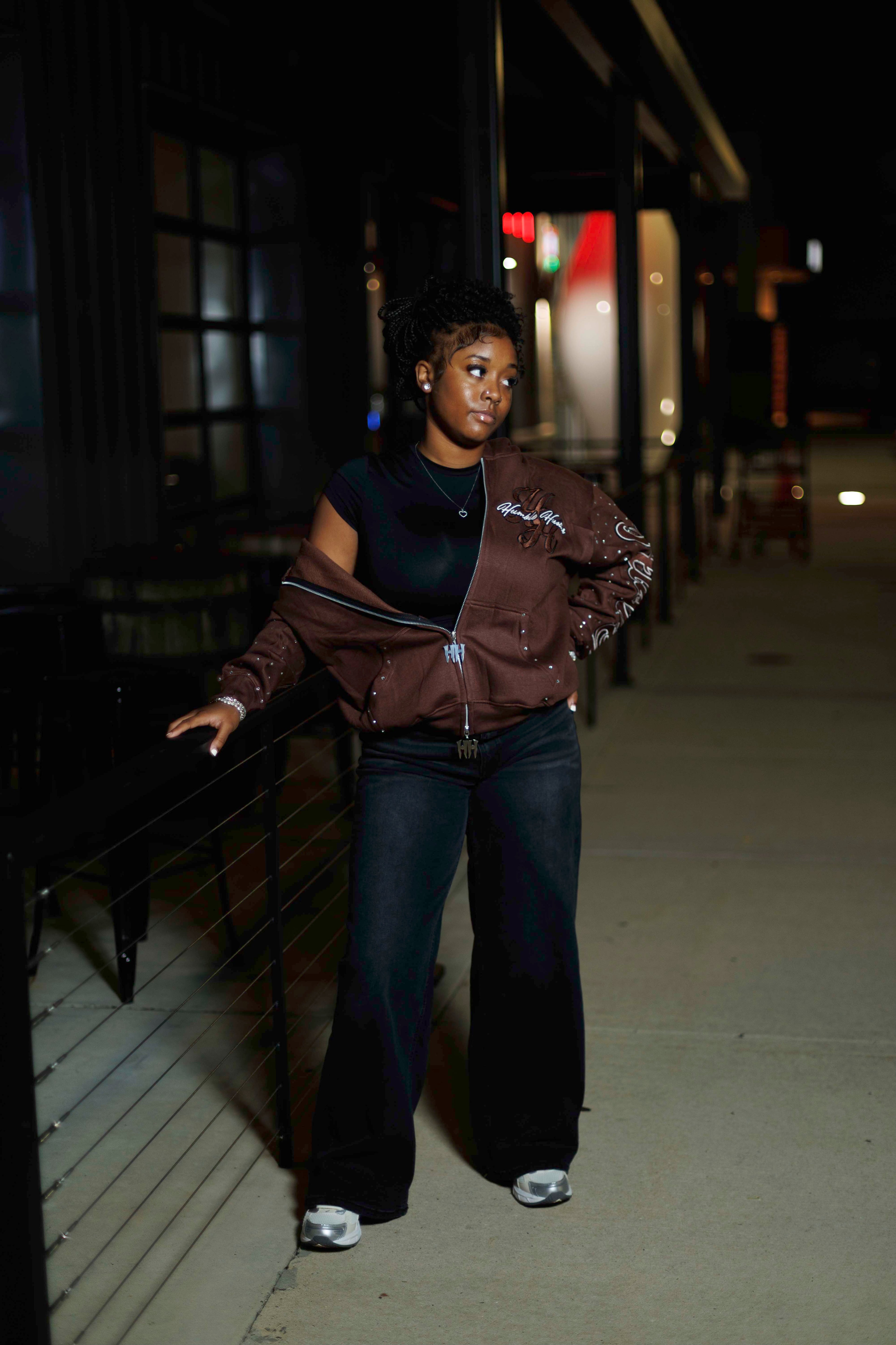 Brown RHINESTONE DOUBLE ZIP HOODIE