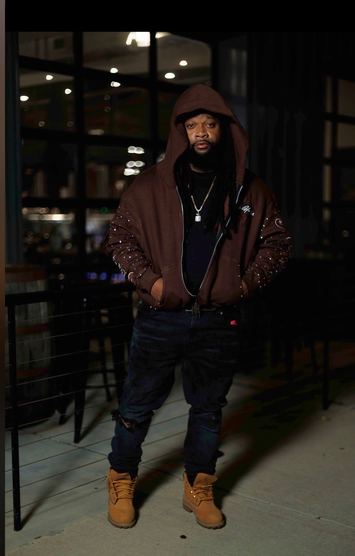 Brown RHINESTONE DOUBLE ZIP HOODIE