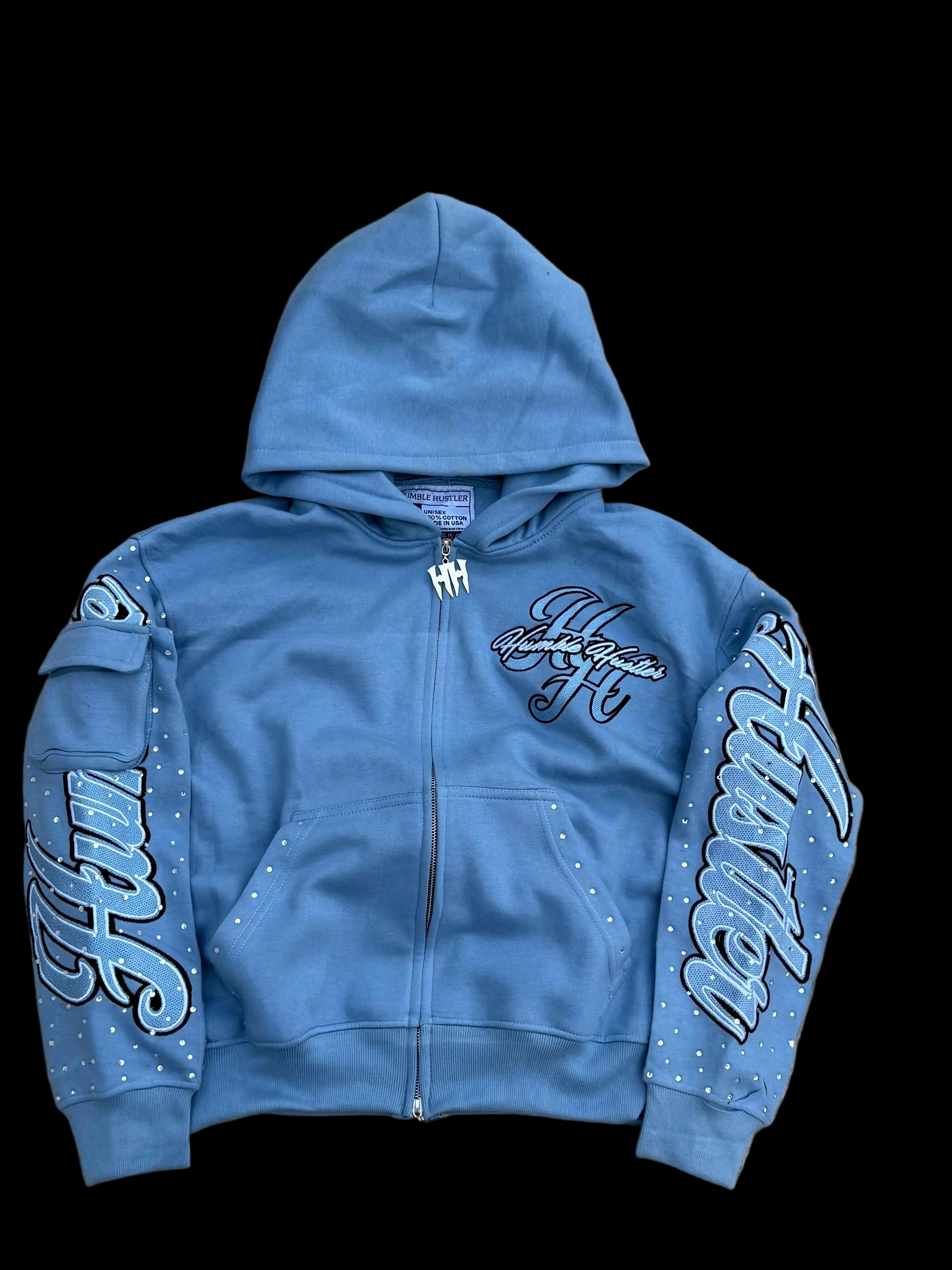 LIGHT BLUE DOUBLE ZIP RHINSESTONE HOODIE