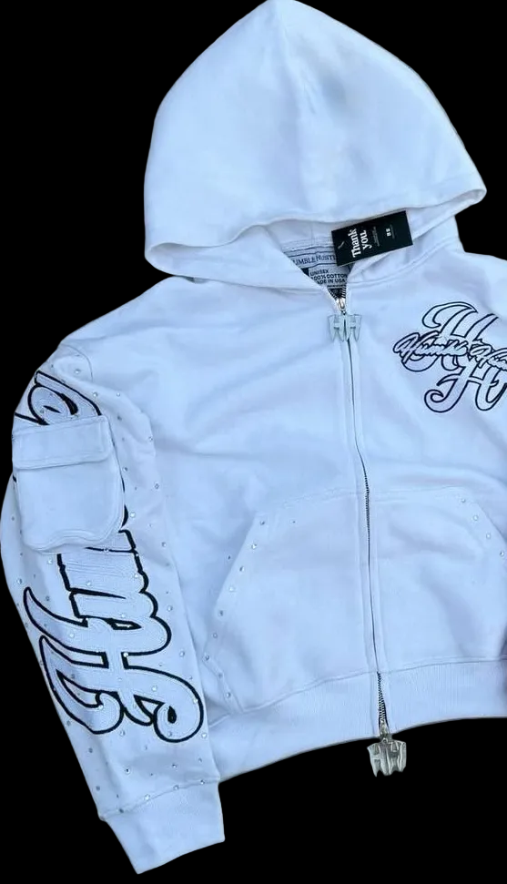 WHITE RHINESTONE DOUBLE ZIP HOODIE