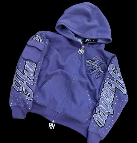 PURPLE RHINESTONE DOUBLE ZIP HOODIE